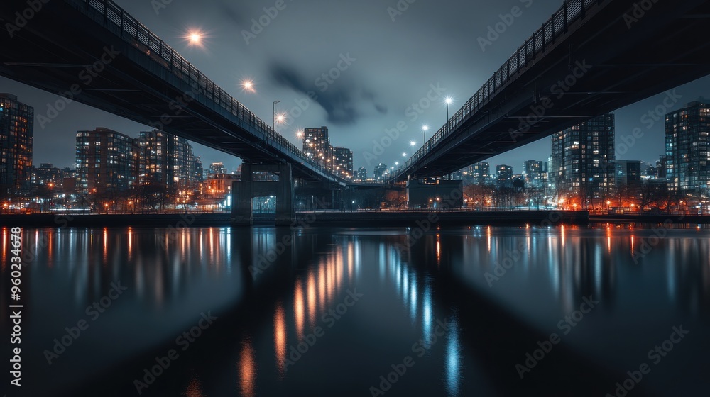 Nighttime cityscape with a bridge reflecting in the water. Nighttime cityscape with a bridge reflecting in the water.