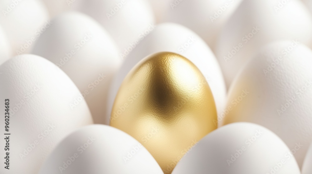 A close-up of white eggs with one golden egg in the center, symbolizing different types of wealth and asset management on a white background A close-up of white eggs with one golden egg in the center, symbolizing different types of wealth and asset management on a white background
