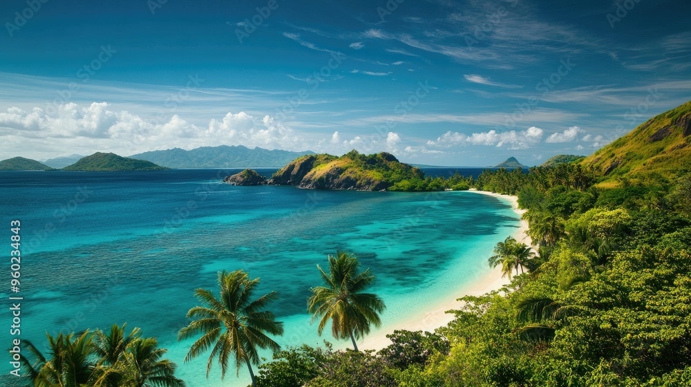 Obraz premium A picturesque view of the Mamanuca Islands with palm-fringed beaches and azure waters.