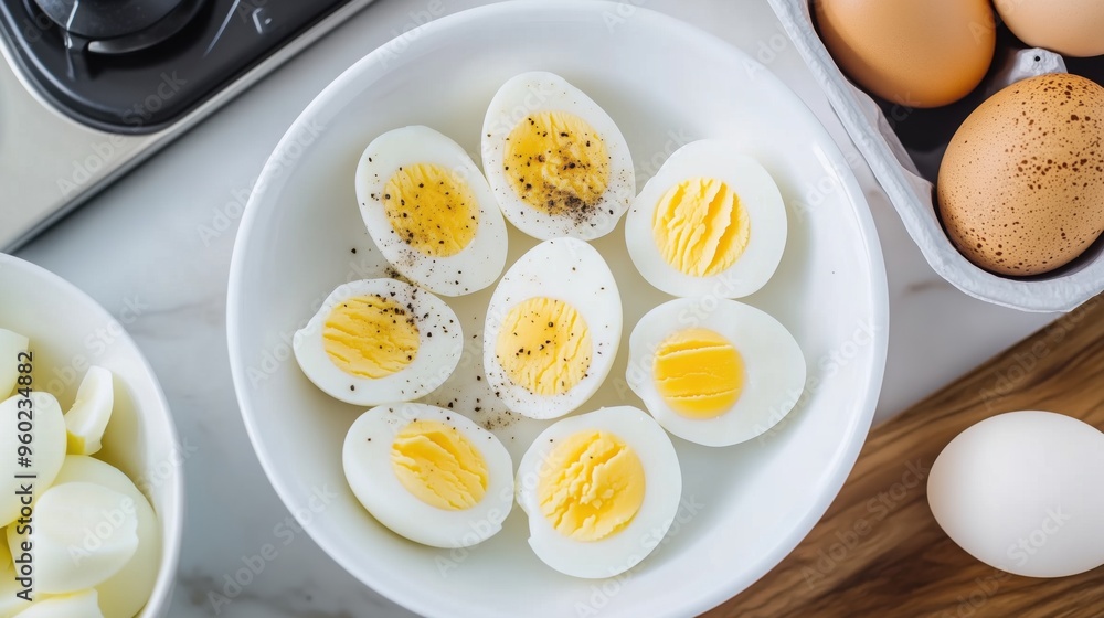 Half sliced boiled eggs in a white plate on a wooden table Half sliced boiled eggs in a white plate on a wooden table
