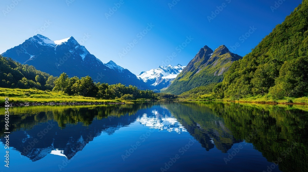 Fototapeta premium Breathtaking view of a serene lake reflecting snow-capped mountains and lush greenery under a clear blue sky.