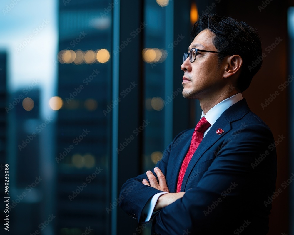 Fototapeta premium Businessman in a formal suit and red tie standing by a window, looking out at a cityscape. Professional and confident corporate leader.