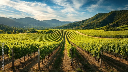 A picturesque vineyard in the Napa Valley with rows of grapevines and rolling hills.