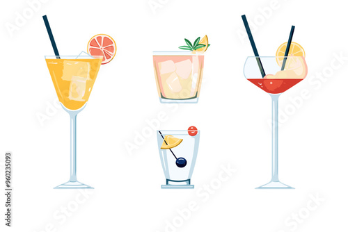Set of Tropical Cocktails in Flat Style for Menu, Cocktail Cards. Margarita, Tom Collins, Pina Colada, Cosmopolitan, Mai Tai, Sea Breeze, Tequila Sunrise. Vector Isolated on White Background