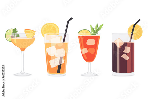 Set of Tropical Cocktails in Flat Style for Menu, Cocktail Cards. Margarita, Tom Collins, Pina Colada, Cosmopolitan, Mai Tai, Sea Breeze, Tequila Sunrise. Vector Isolated on White Background