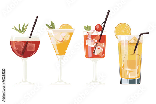 Set of Tropical Cocktails in Flat Style for Menu, Cocktail Cards. Margarita, Tom Collins, Pina Colada, Cosmopolitan, Mai Tai, Sea Breeze, Tequila Sunrise. Vector Isolated on White Background