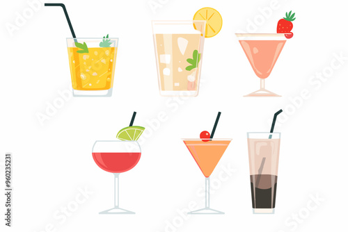 Set of Tropical Cocktails in Flat Style for Menu, Cocktail Cards. Margarita, Tom Collins, Pina Colada, Cosmopolitan, Mai Tai, Sea Breeze, Tequila Sunrise. Vector Isolated on White Background