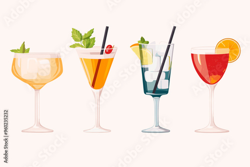 Set of Tropical Cocktails in Flat Style for Menu, Cocktail Cards. Margarita, Tom Collins, Pina Colada, Cosmopolitan, Mai Tai, Sea Breeze, Tequila Sunrise. Vector Isolated on White Background