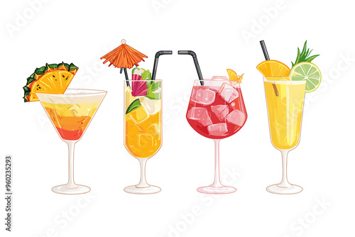 Set of Tropical Cocktails in Flat Style for Menu, Cocktail Cards. Margarita, Tom Collins, Pina Colada, Cosmopolitan, Mai Tai, Sea Breeze, Tequila Sunrise. Vector Isolated on White Background