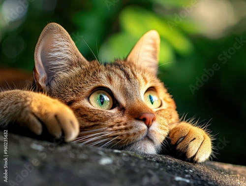 Close-up of a curious cat with keen green eyes intently observing the surroundings, captured in natural lighting. photo