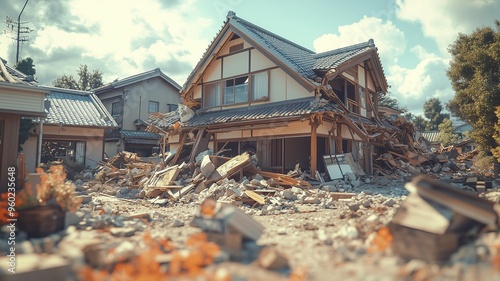 巨大地震による日本家屋の倒壊