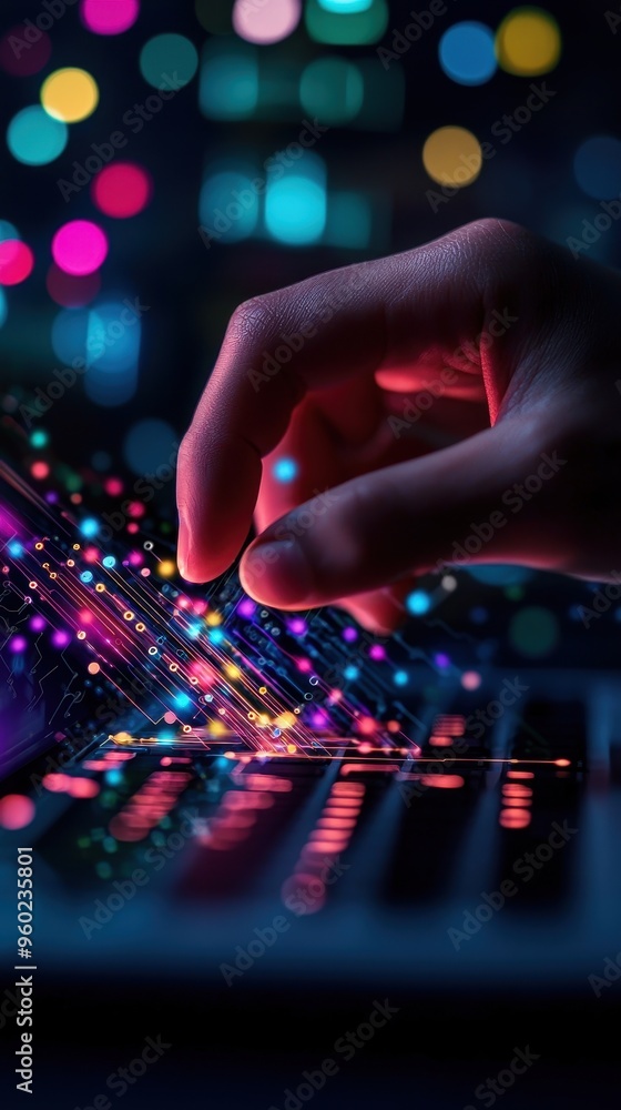 Close-up of a hand interacting with vibrant digital interface, representing technology, innovation, and future advancements. Close-up of a hand interacting with vibrant digital interface, representing technology, innovation, and future advancements.
