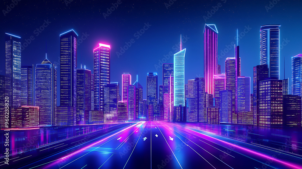 A neon-lit smart city with energy-efficient buildings and voice-controlled systems A neon-lit smart city with energy-efficient buildings and voice-controlled systems