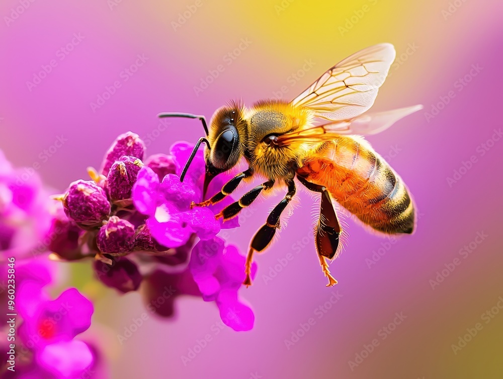 Close-up of a honeybee collecting nectar from vibrant purple flowers against a bright, blurred background. Close-up of a honeybee collecting nectar from vibrant purple flowers against a bright, blurred background.