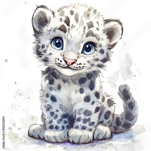 Beautiful Snow Leopard Watercolor Clipart, Wild Animal Colored Design for Your Corporate and Business Graphic Resource or Creative Project, Ai Generative