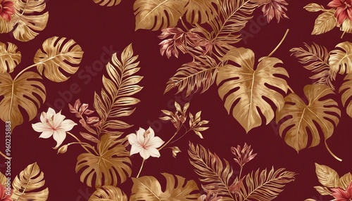 Seamless pattern with golden tropical leaves and flowers on a burgundy background.