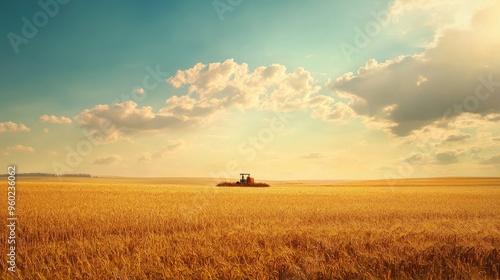 A Russian farmer harvesting crops in a golden field under a bright autumn sky.