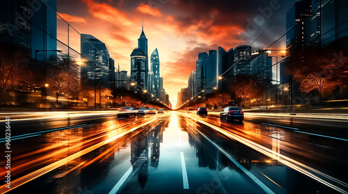 A cityscape with a car driving on the road, city at night, big ben at night, view