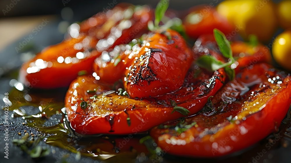 Succulent Roasted Red Pepper Slices Drizzled with Olive Oil,Vibrant and Smoky Succulent Roasted Red Pepper Slices Drizzled with Olive Oil,Vibrant and Smoky