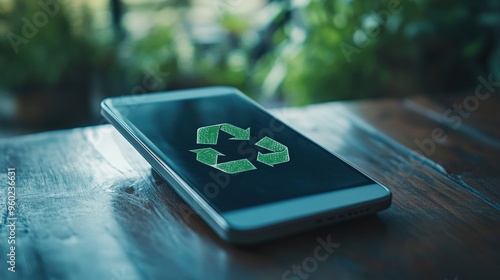 Simple AI-driven recycling reminder on a smart device, minimal scene with soft light and ample copy space, copy space for stock photo with minimal concept, No logo, No Trademark, No text