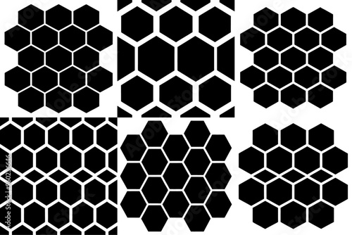 A set of black honeycomb seamless pattern silhouettes
