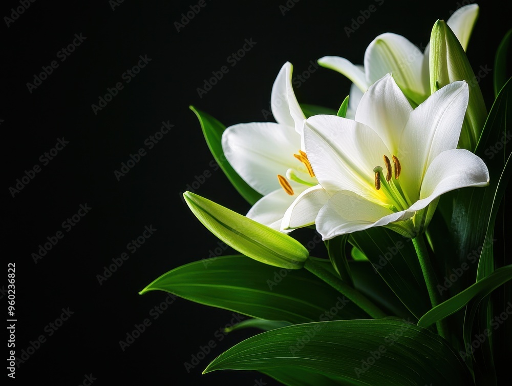 Close-up of white lilies with dark background, highlighting delicate petals and green leaves in a serene composition, perfect for decor and art. Close-up of white lilies with dark background, highlighting delicate petals and green leaves in a serene composition, perfect for decor and art.