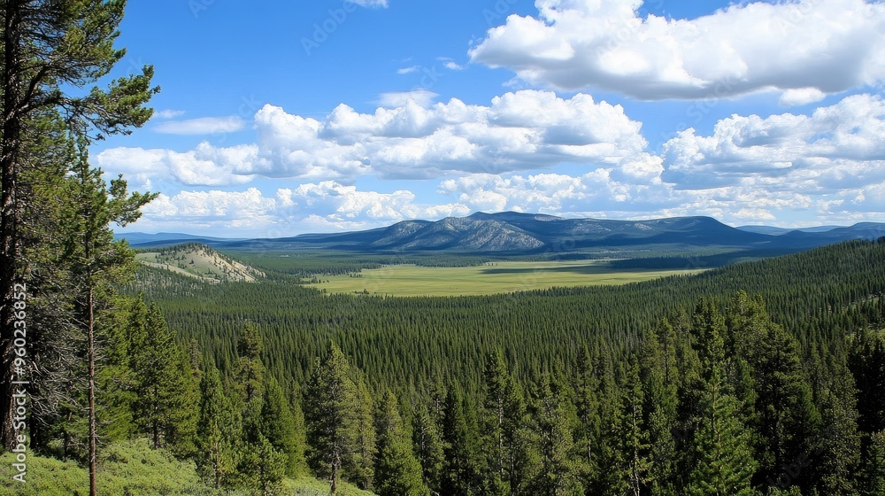 A scenic overlook in Yellowstone, with vast forests and distant mountains under a partly cloudy sky.