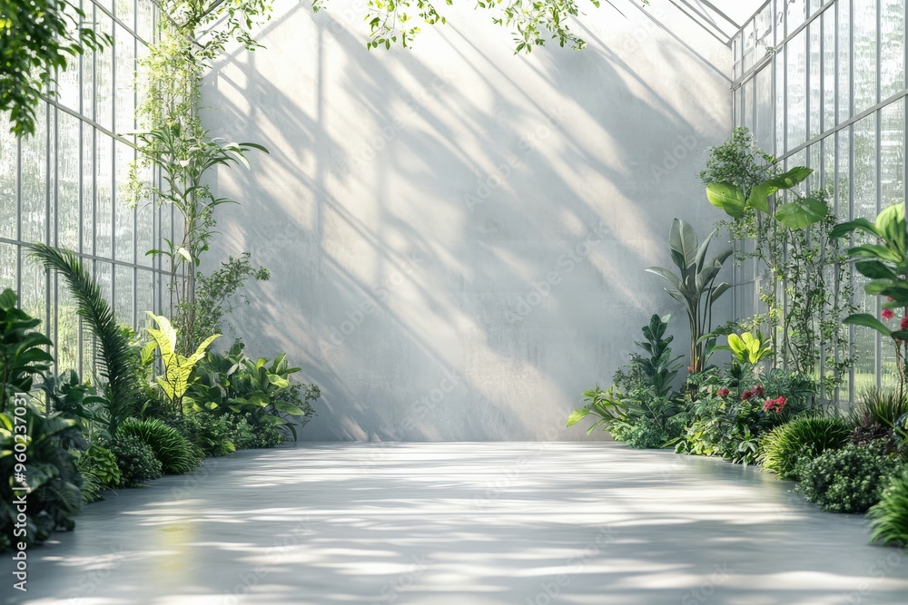 Minimal AI-controlled greenhouse with plants, soft natural light, ample blank space for copy or design, copy space for stock photo with minimal concept, No logo, No Trademark, No text Minimal AI-controlled greenhouse with plants, soft natural light, ample blank space for copy or design, copy space for stock photo with minimal concept, No logo, No Trademark, No text