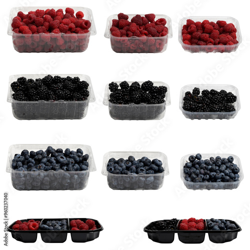 Berries in plastic packaging, isolated on white background