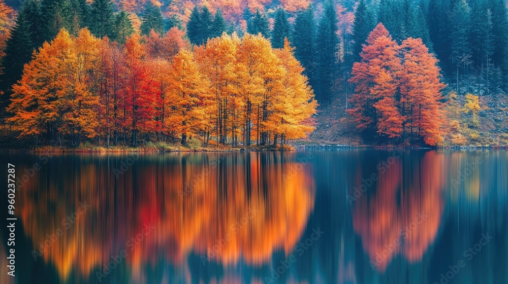 Fototapeta premium A serene autumn landscape with colorful trees reflected in a calm lake.