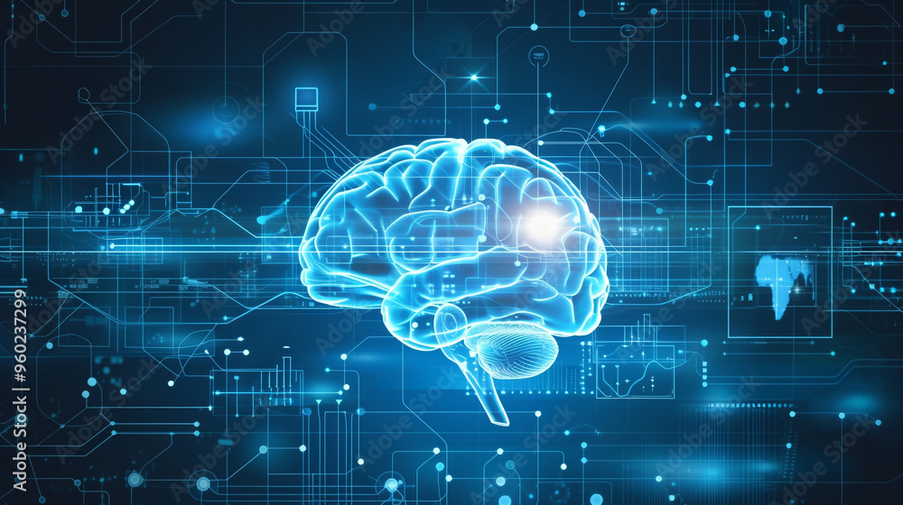 Abstract background depicting digital technology and circuits with brain Abstract background depicting digital technology and circuits with brain