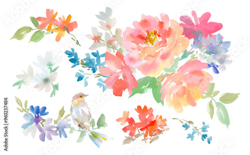 A set of abstract flowers and birds vector illustrations painted in watercolor. Hand painted bouquet illustration of roses and peonies painted in watercolor for invitations and cards.