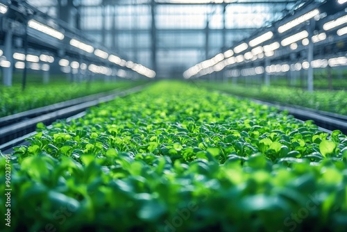 Minimal AI-controlled vertical farming setup indoors, soft natural light, large empty space for text or design, copy space for stock photo with minimal concept, No logo, No Trademark, No text photo