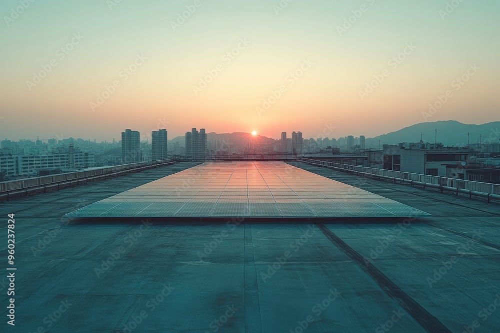 Fototapeta premium Minimal AI-driven solar panel array on a rooftop, soft morning light, abundant empty space for text or design, copy space for stock photo with minimal concept, No logo, No Trademark, No text