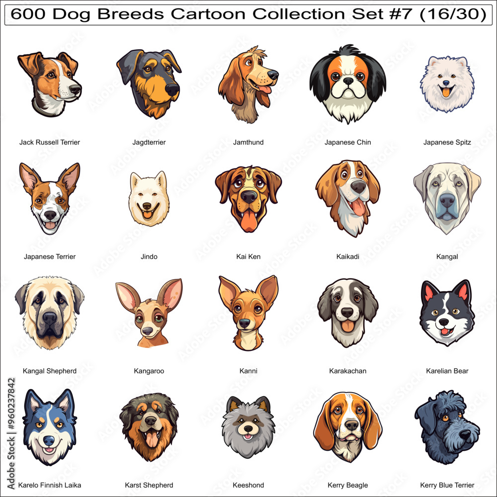 Obraz premium Cute Dog Breeds Cartoon Characters Sticker Bundle Collection Set 7 of 600 Dog Faces Isolated Part 16