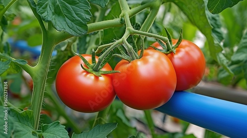 Tomatoes on the vine growing in indoor vegetable garden with green leaves