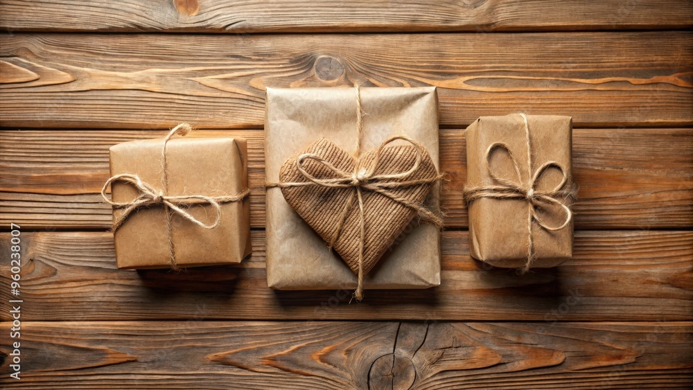 Rustic brown paper packages with rope hearts on a wooden background Rustic brown paper packages with rope hearts on a wooden background