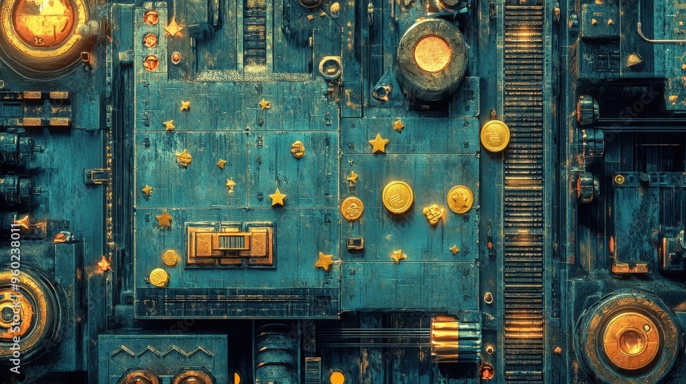Fototapeta premium A vintage arcade game level map interface with an underground factory theme, featuring obstacles, steel platforms, collectible coins, and golden stars, designed for an immersive console or computer ga