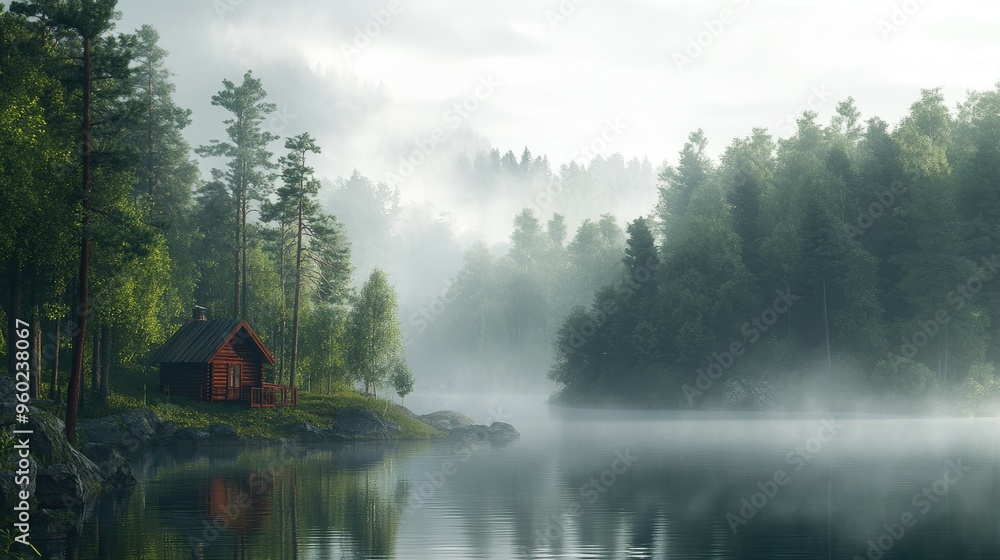 Fototapeta premium A serene forest with a mist-covered lake and a wooden cabin on the shore.