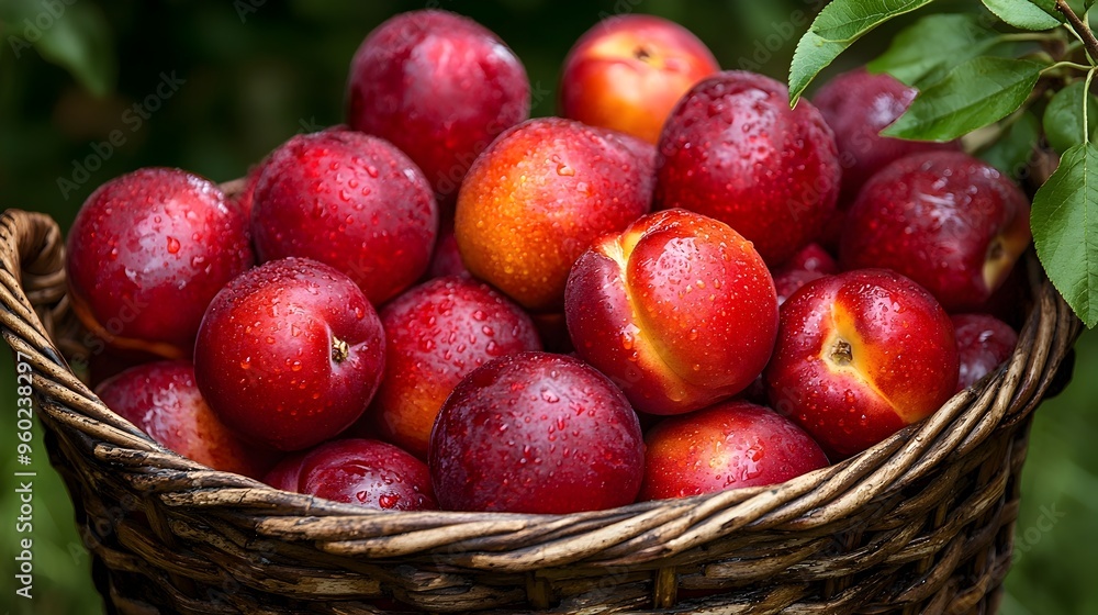 Succulent Nectarines in a Rustic Basket,Freshly Harvested from the Orchard Succulent Nectarines in a Rustic Basket,Freshly Harvested from the Orchard