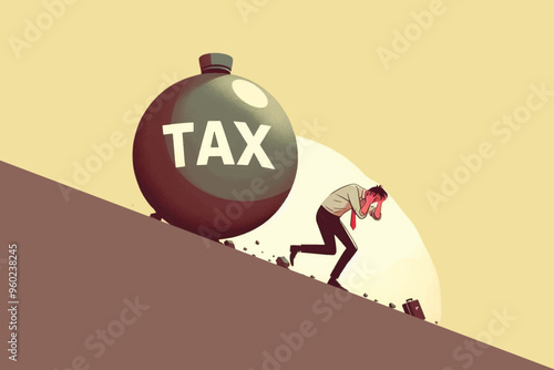 a businessman who is depressed and panicking because a large, heavy tax bomb is hurtling down the hill towards him