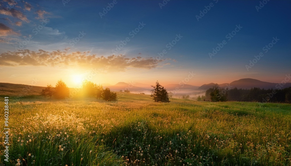 Obraz premium Sunrise over a peaceful meadow, symbolizing the tranquility of new life beginnings beauty in nature peaceful fantasy