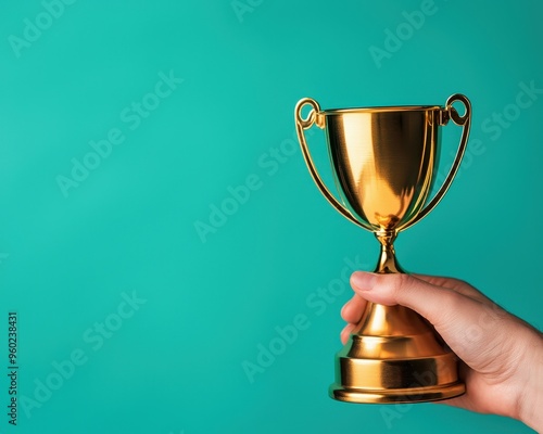 Hand holding a golden trophy against a teal background, symbolizing victory, success, achievement, and excellence in competition. photo