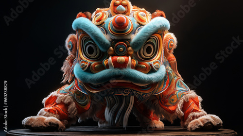 portrait of a traditional chinese lion, dark background, looking, Chinese new year