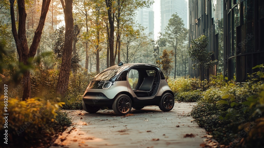 Single AI-powered electric vehicle in a sustainable urban setting, minimalistic scene with large empty space around, copy space for stock photo with minimal concept, No logo, No Trademark, No text Single AI-powered electric vehicle in a sustainable urban setting, minimalistic scene with large empty space around, copy space for stock photo with minimal concept, No logo, No Trademark, No text