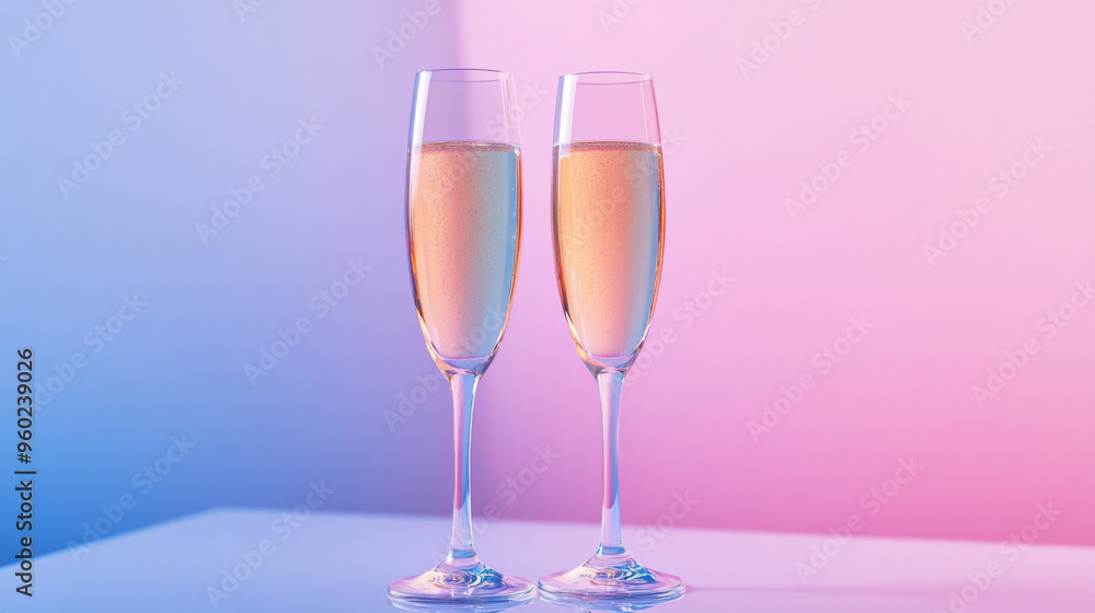 Two champagne glasses with golden liquid on light neon background Two champagne glasses with golden liquid on light neon background