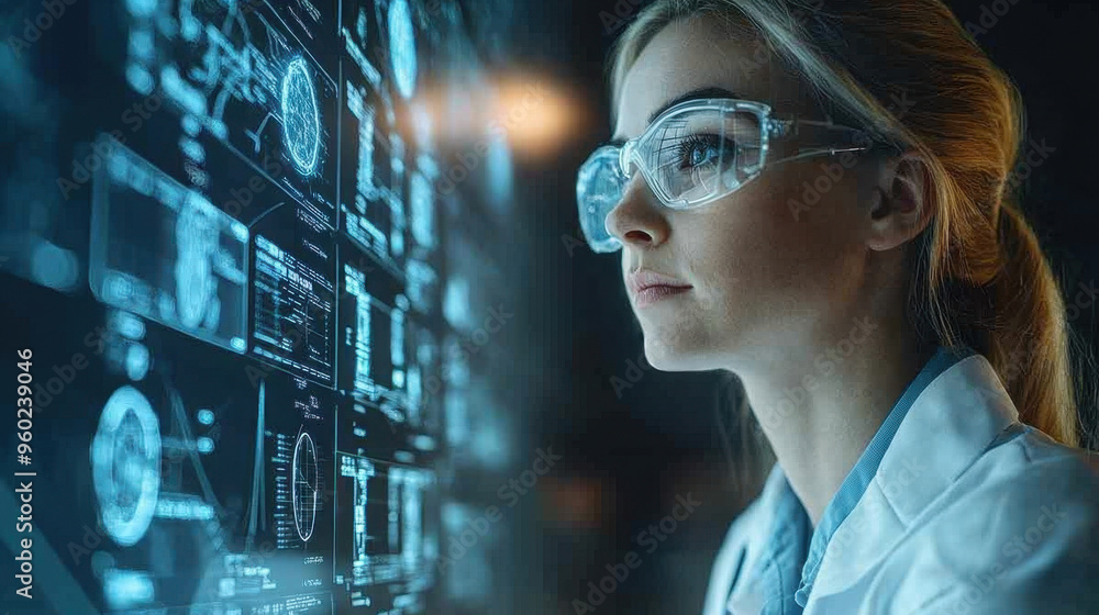 Female Doctor,  A female doctor examines healthcare data displayed as a hologram, showcasing innovation in medical research and technology