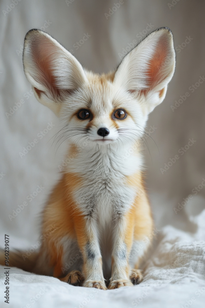 Fennec Fox, A fennec fox posing on a clean white backdrop in a photography studio, showcasing its distinctive large ears and sandy fur Fennec Fox, A fennec fox posing on a clean white backdrop in a photography studio, showcasing its distinctive large ears and sandy fur