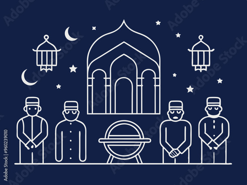 Mehfil-e sama or qawwali Night concept, gathering for spiritual listening vector outline icon, Muslim marriage Symbol, Islamic wedding customs Sign, Pakistani matrimony stock illustration
