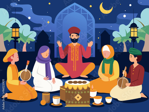 Mehfil-e sama or qawwali Night concept, gathering for spiritual listening vector outline icon, Muslim marriage Symbol, Islamic wedding customs Sign, Pakistani matrimony stock illustration
